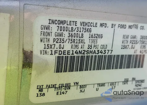 1995 Ford Econoline E150 Van z USA, uszkodzony, nr VIN 1FDEE14N2SHA34377